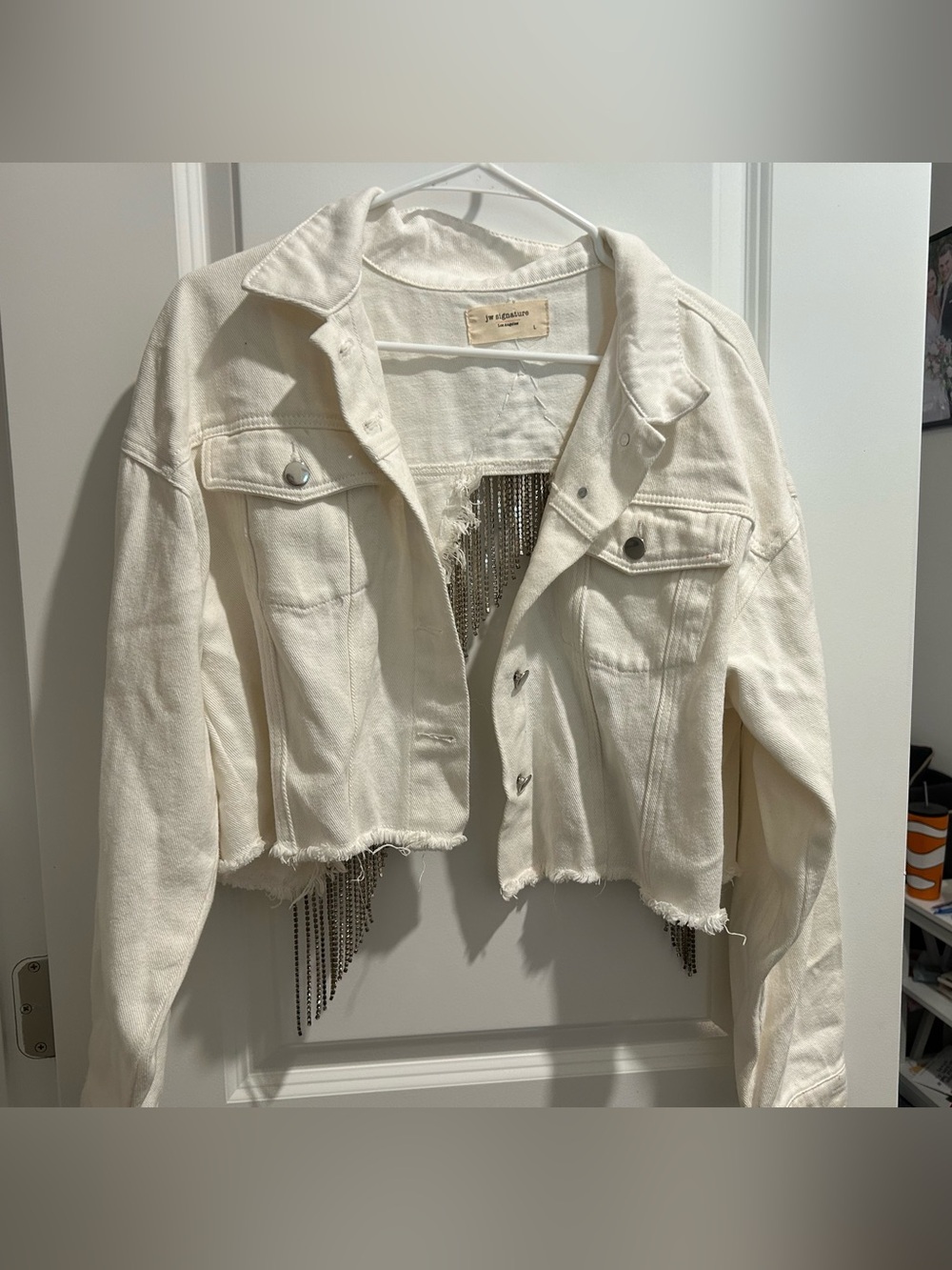 Cropped White Denim Rhinestone Jacket